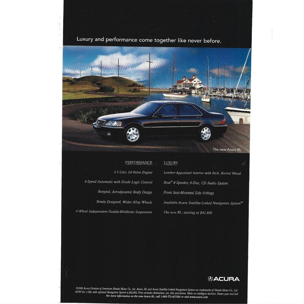 Honda Acura RL Car Ad 1990s Vintage Print Ad